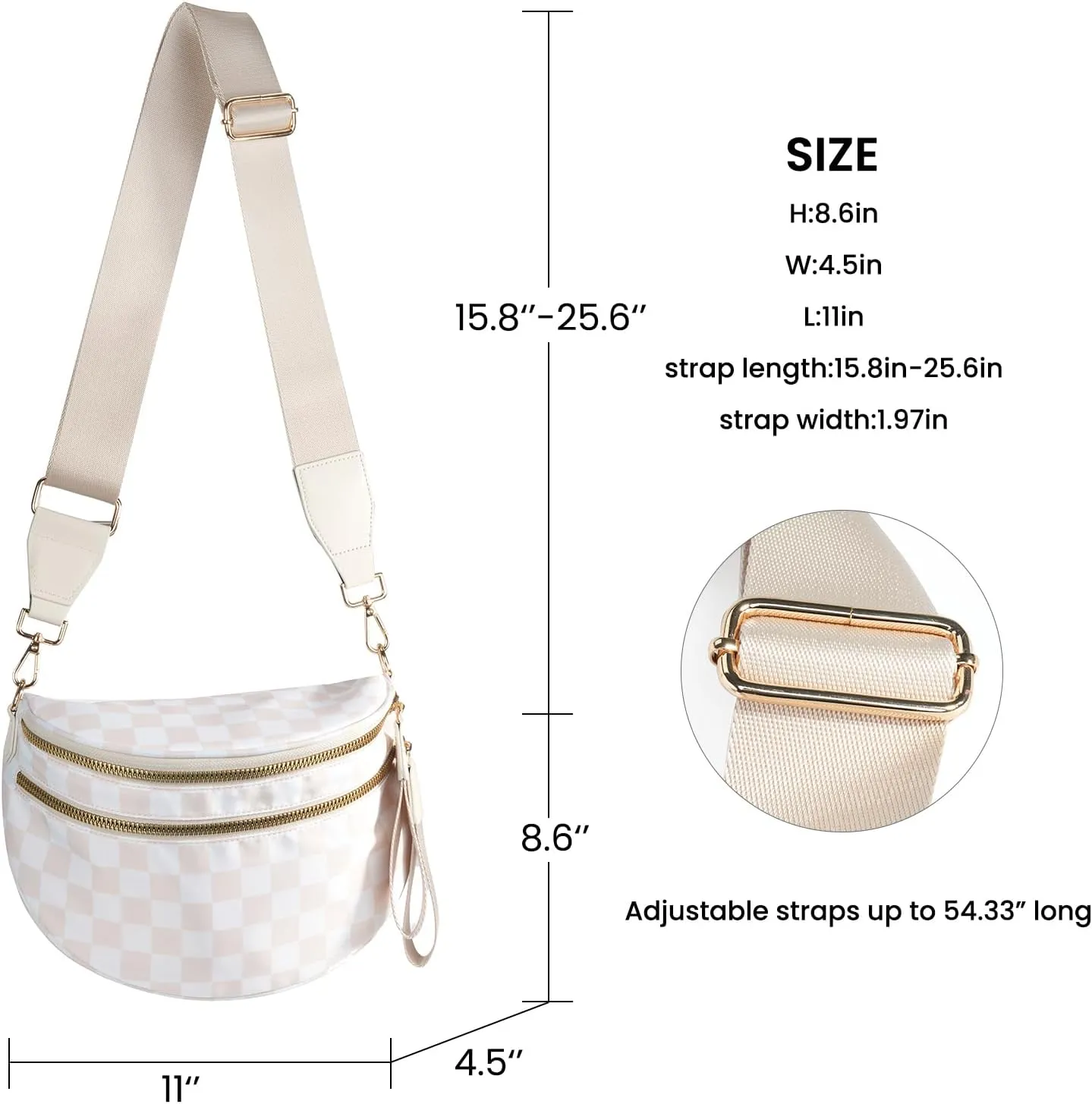 Checkered Crossbody Bags Bum Bag for Women Large Sling Bag Purse with Adjustable Strap（Beige Checkered）