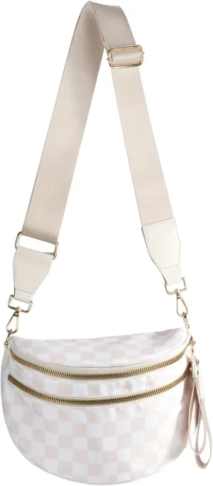 Checkered Crossbody Bags Bum Bag for Women Large Sling Bag Purse with Adjustable Strap（Beige Checkered）