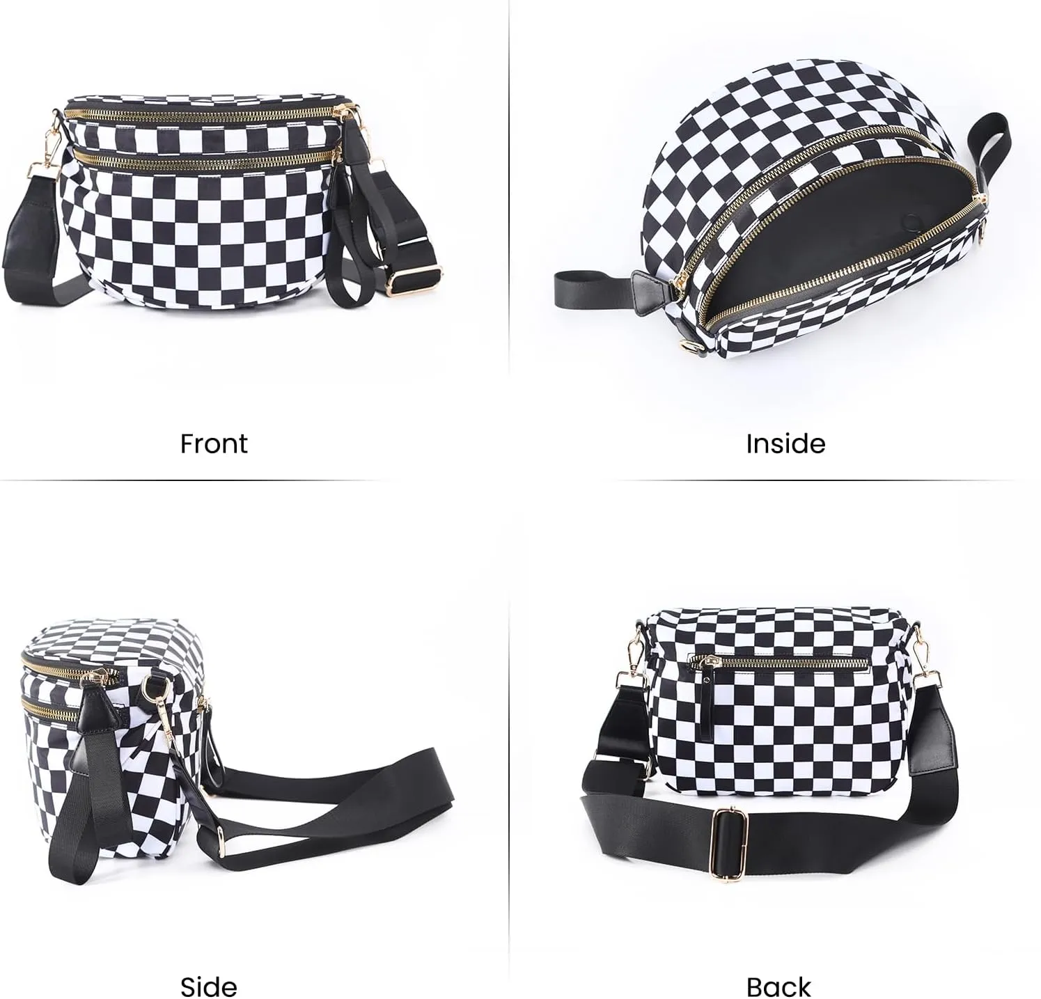 Checkered Crossbody Bags Bum Bag for Women Large Sling Bag Purse with Adjustable Strap（Black Checkered）
