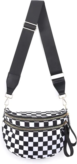 Checkered Crossbody Bags Bum Bag for Women Large Sling Bag Purse with Adjustable Strap（Black Checkered）