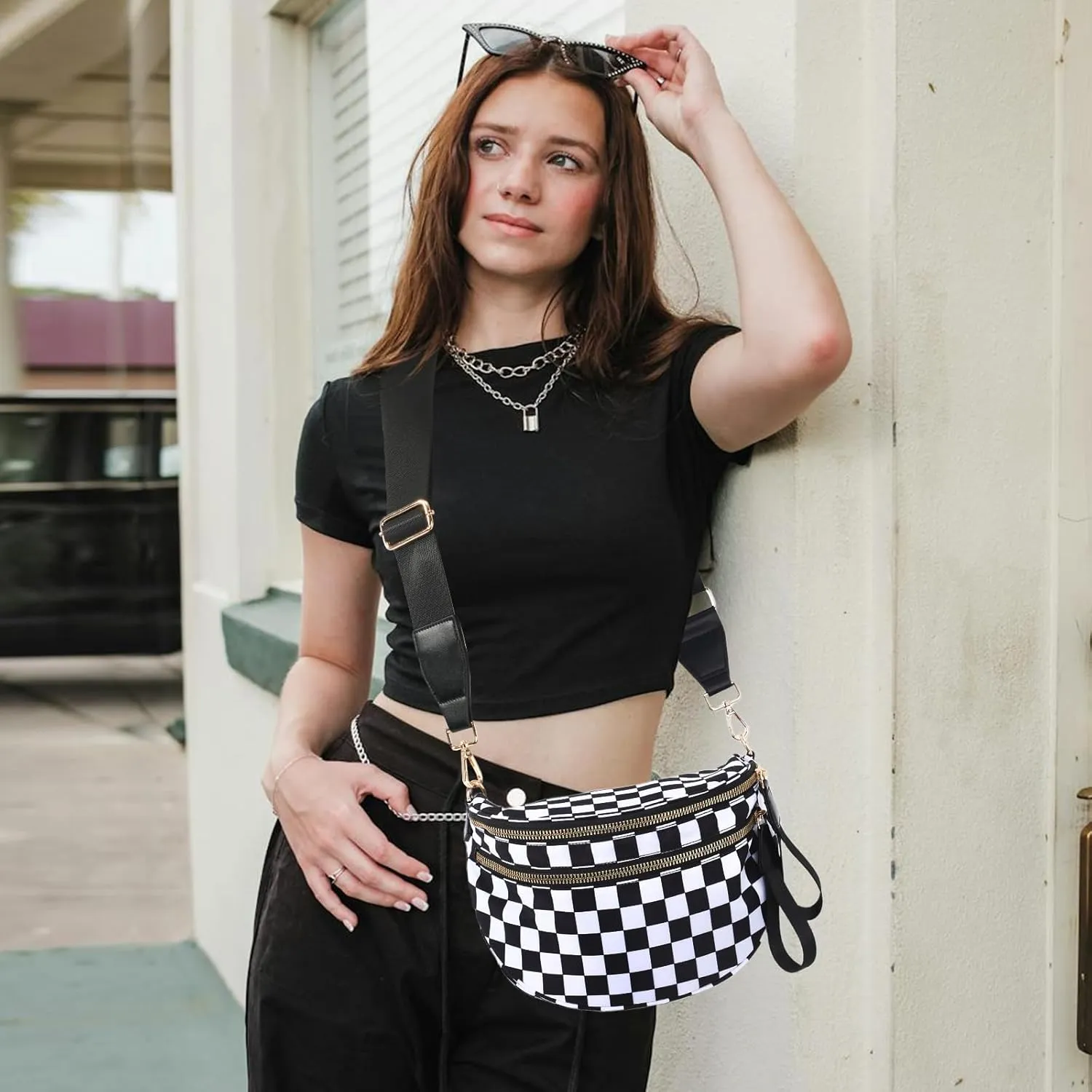 Checkered Crossbody Bags Bum Bag for Women Large Sling Bag Purse with Adjustable Strap（Black Checkered）
