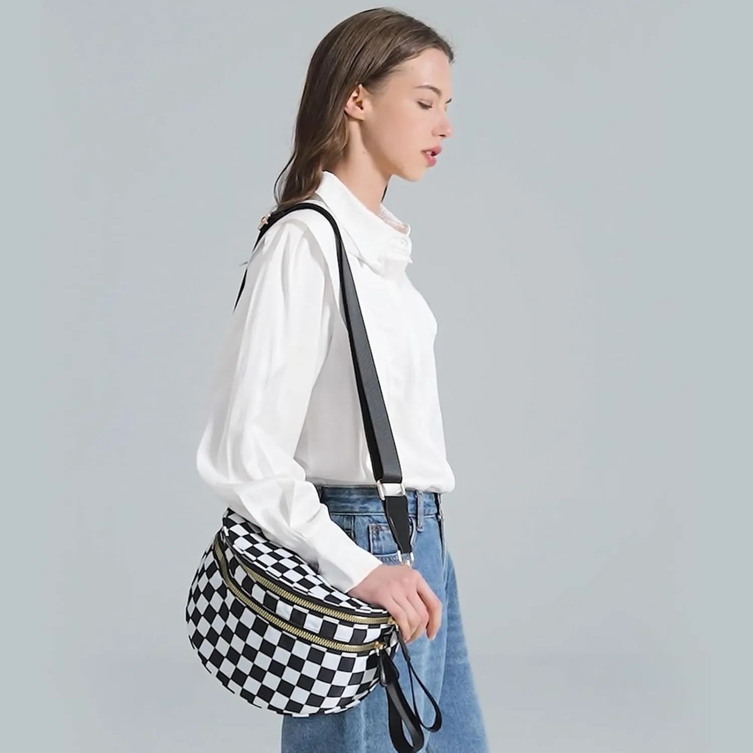 Checkered Crossbody Bags Bum Bag for Women Large Sling Bag Purse with Adjustable Strap（Black Checkered）