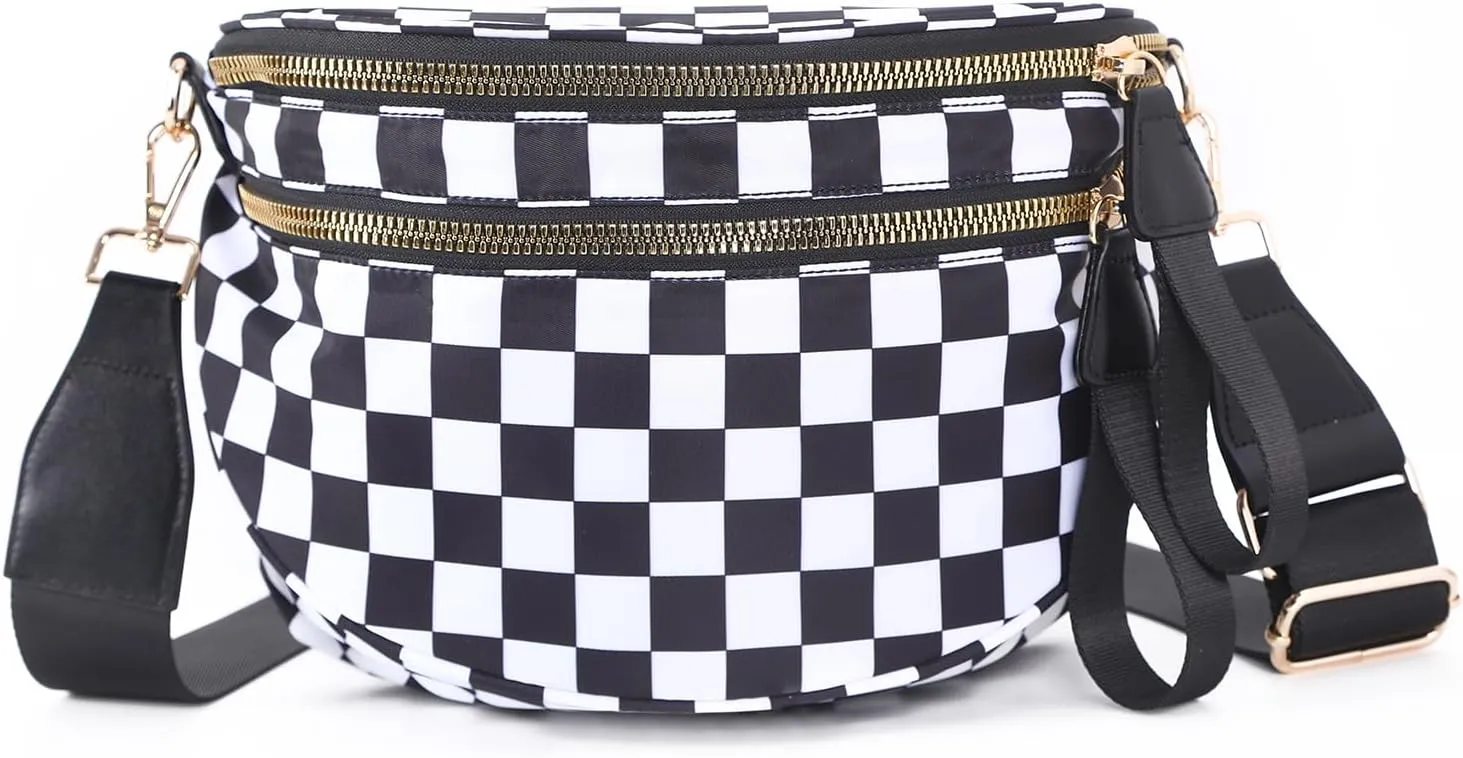 Checkered Crossbody Bags Bum Bag for Women Large Sling Bag Purse with Adjustable Strap（Black Checkered）