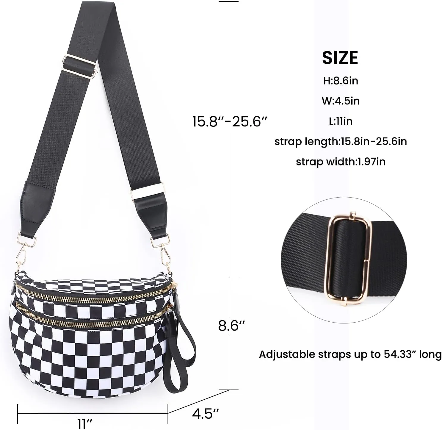 Checkered Crossbody Bags Bum Bag for Women Large Sling Bag Purse with Adjustable Strap（Black Checkered）
