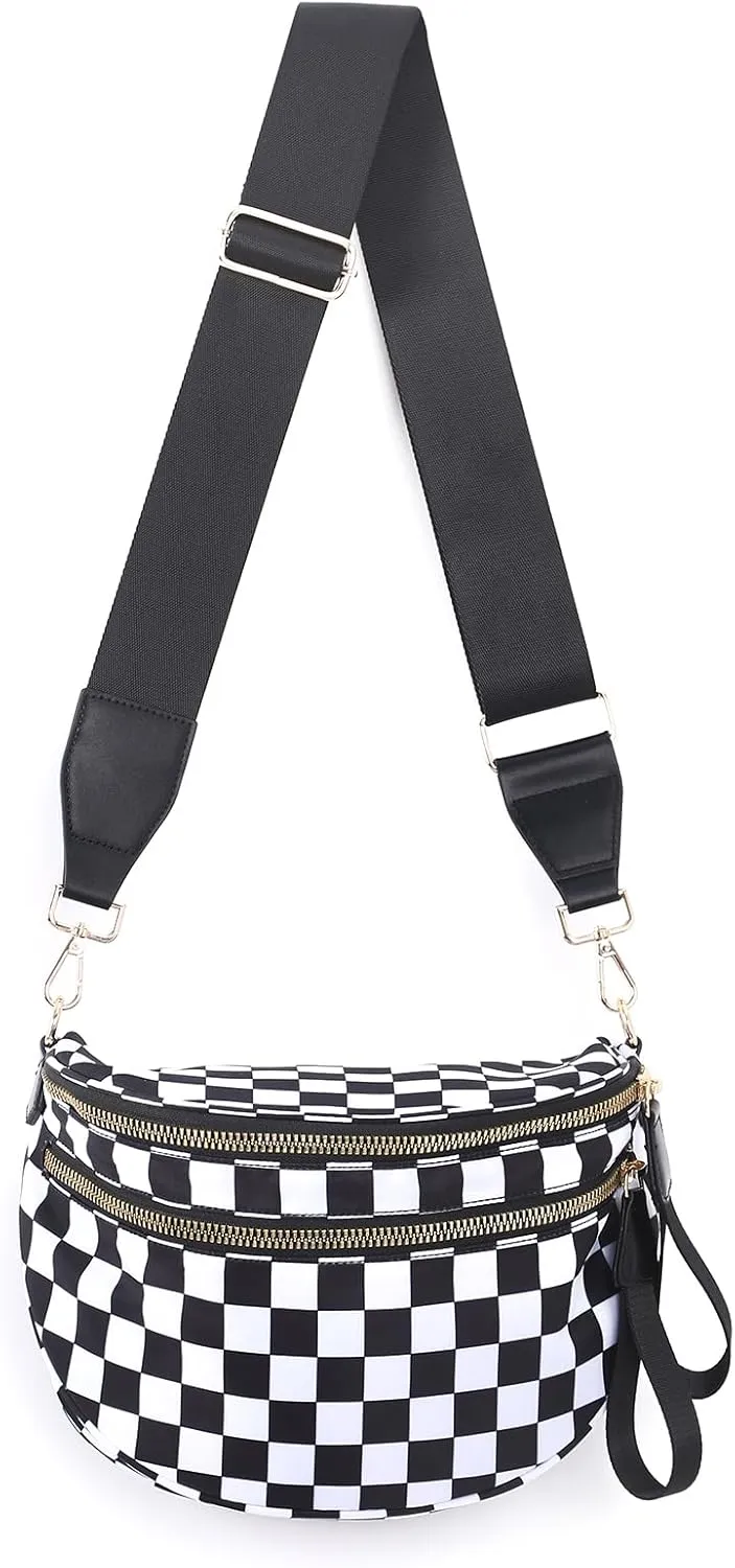 Checkered Crossbody Bags Bum Bag for Women Large Sling Bag Purse with Adjustable Strap（Black Checkered）