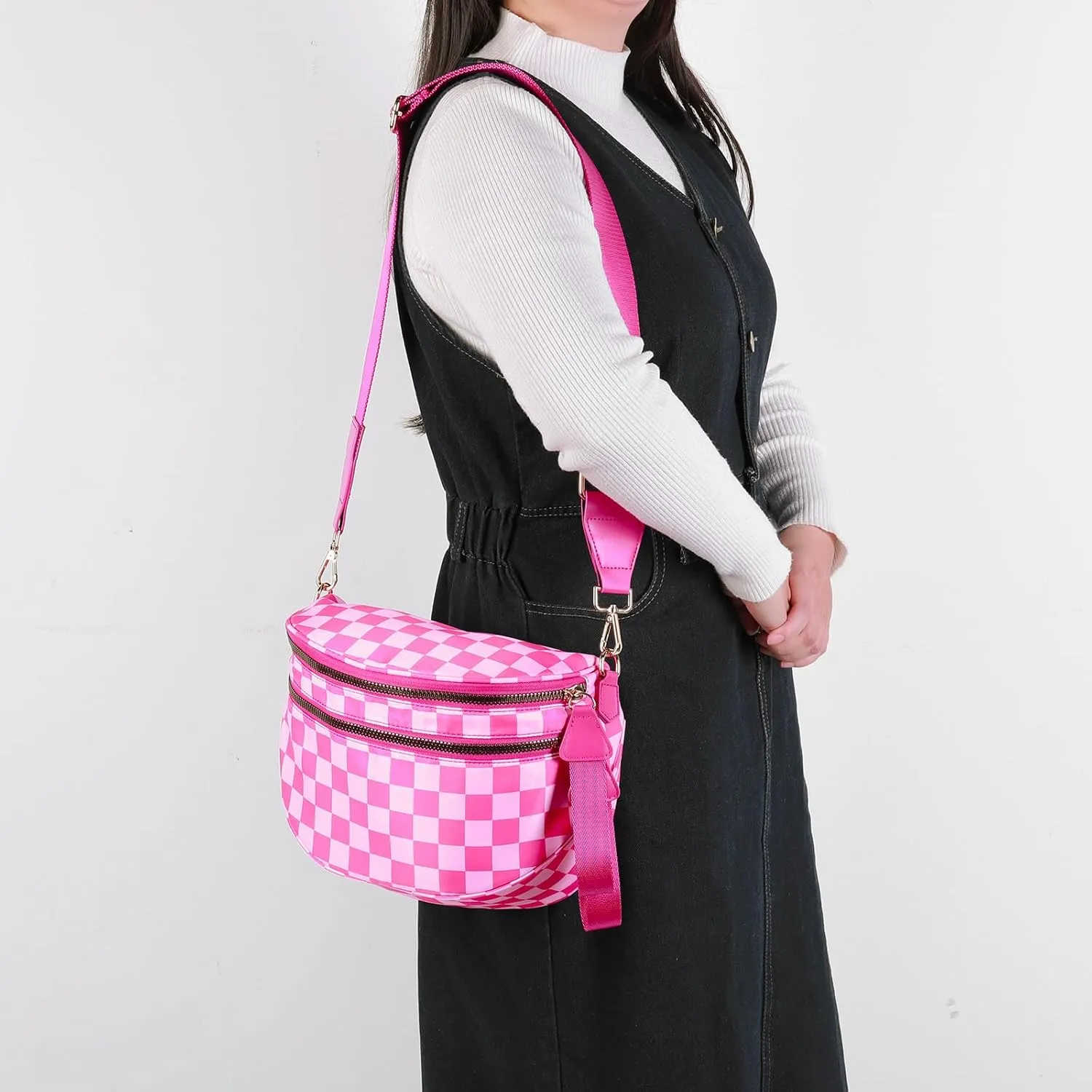Checkered Crossbody Bum Bags for Women Nylon Checkered Purse Checkerboard Fanny Pack