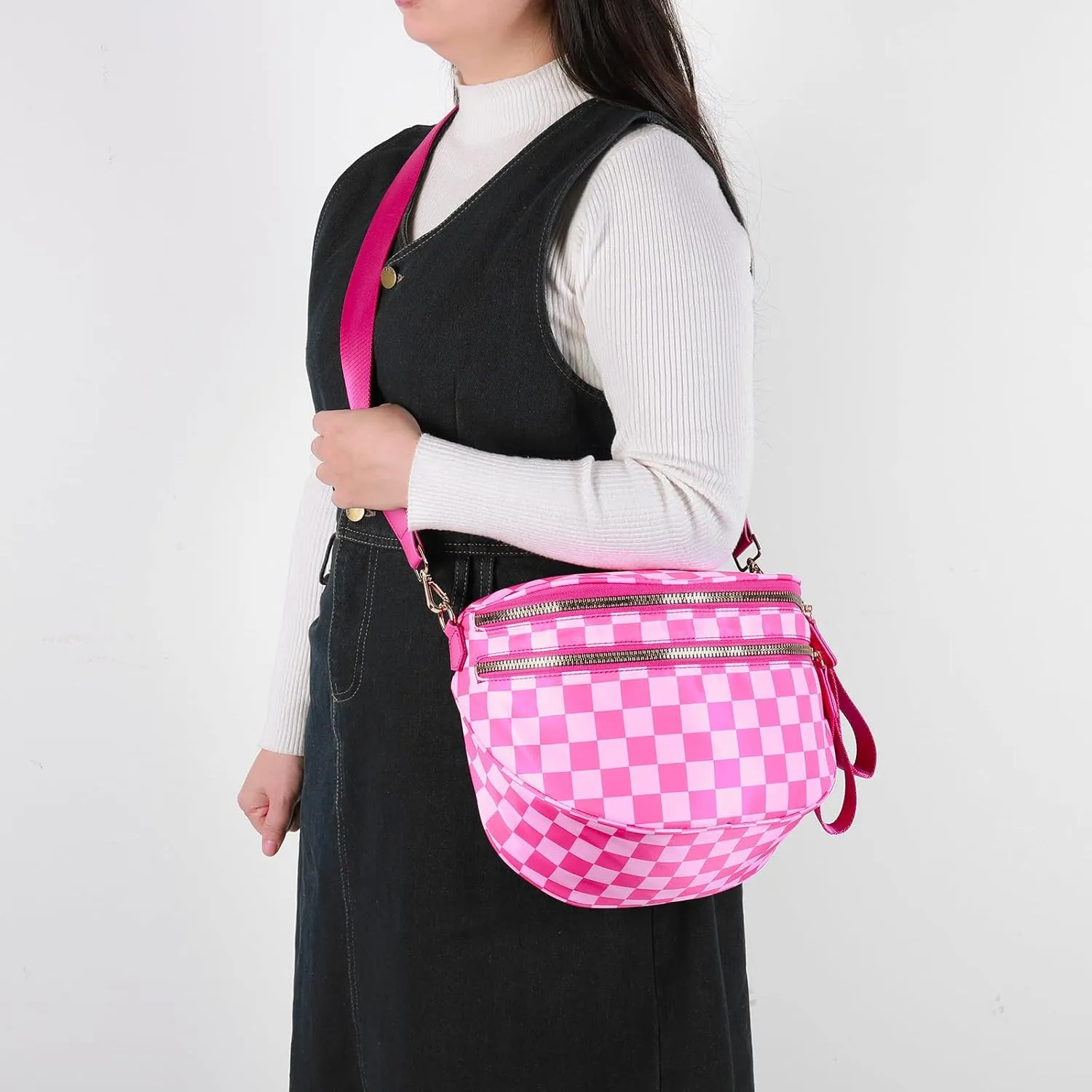 Checkered Crossbody Bum Bags for Women Nylon Checkered Purse Checkerboard Fanny Pack