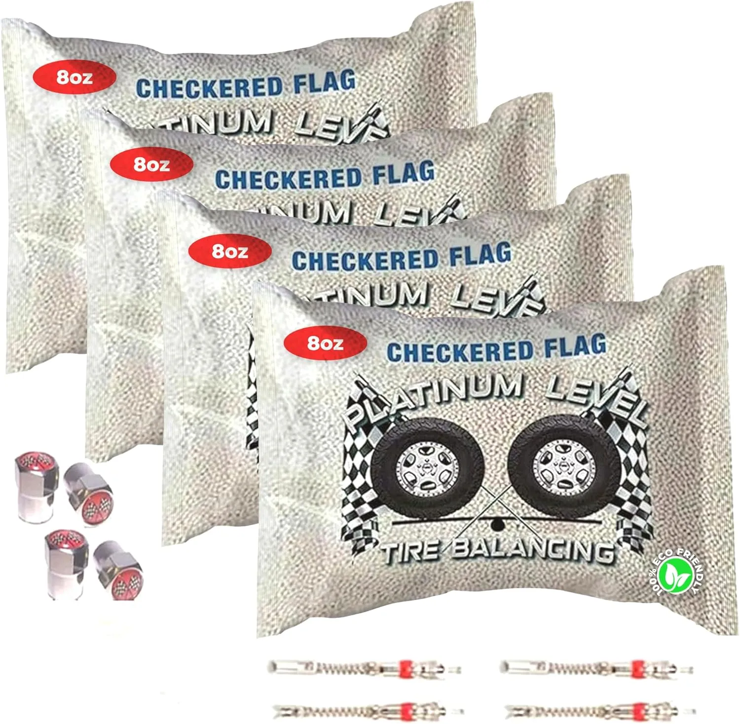 Checkered Flag Tire Beads - Premium Tire Balancing Beads, Suitable for Motorcycles, Semis, Trucks, 4x4 Trailers - Efficient Wheels & Tire Balancer, Long-Lasting Durability | (4) 8oz Bags, 32oz/Set