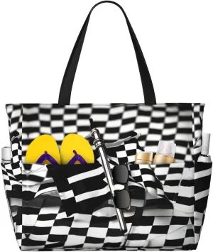 Checkered Flags Race Flags Print Large Tote Bag For Women, Travel Shoulder Bag Handle Handbag For Gym, Work, Travel