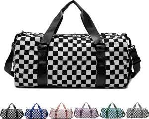 Checkered Gym Bag with Shoes Compartment & Wet Pocket, Sports Bags for Women/Men, Dance Bag for Girls, Travel Overnight Bag Weekend Bag (black)