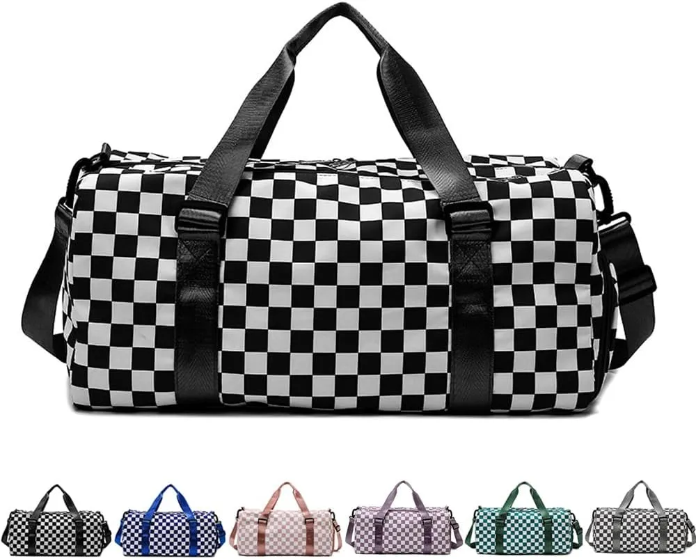 Checkered Gym Bag with Shoes Compartment & Wet Pocket, Sports Bags for Women/Men, Dance Bag for Girls, Travel Overnight Bag Weekend Bag (black)