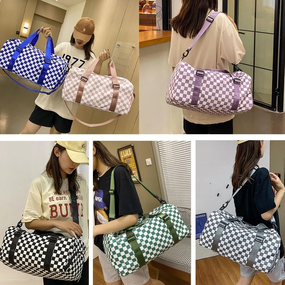 Checkered Gym Bag with Shoes Compartment & Wet Pocket, Sports Bags for Women/Men, Dance Bag for Girls, Travel Overnight Bag Weekend Bag (black)