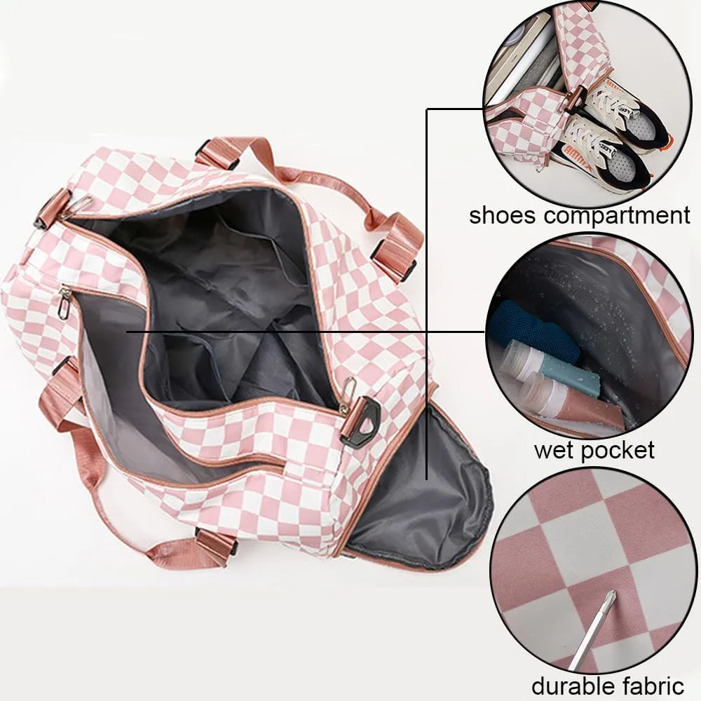 Checkered Gym Bag with Shoes Compartment & Wet Pocket, Sports Bags for Women/Men, Dance Bag for Girls, Travel Overnight Bag Weekend Bag (black)