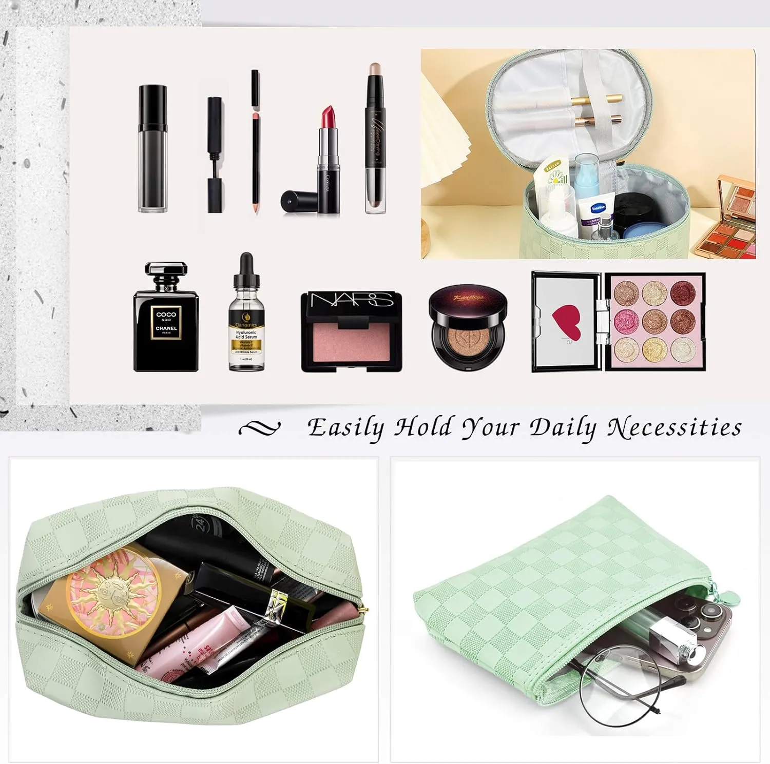 Checkered Makeup Bag 4 Pcs Waterproof Cosmetic Bag Set Portable Travel Cosmetic Bag Multifunction Organizer Storage Bag Toiletry Bag forWomen and Girls (GREEN1)