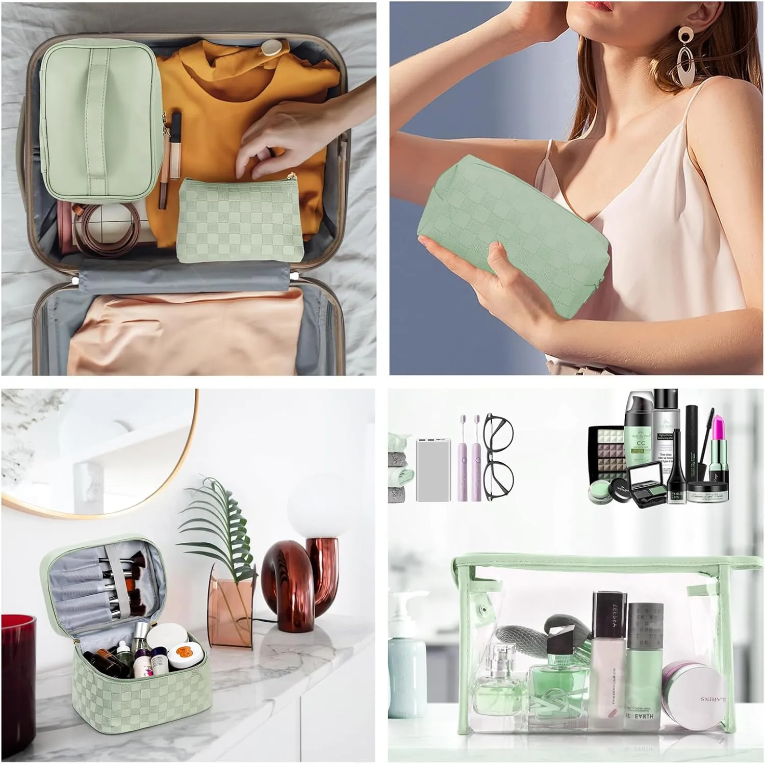 Checkered Makeup Bag 4 Pcs Waterproof Cosmetic Bag Set Portable Travel Cosmetic Bag Multifunction Organizer Storage Bag Toiletry Bag forWomen and Girls (GREEN1)