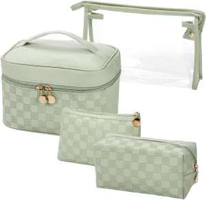 Checkered Makeup Bag 4 Pcs Waterproof Cosmetic Bag Set Portable Travel Cosmetic Bag Multifunction Organizer Storage Bag Toiletry Bag forWomen and Girls (GREEN1)