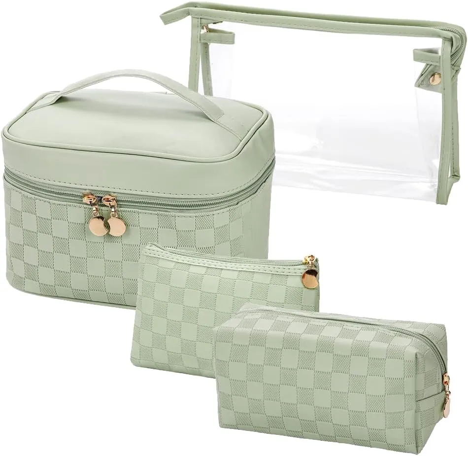Checkered Makeup Bag 4 Pcs Waterproof Cosmetic Bag Set Portable Travel Cosmetic Bag Multifunction Organizer Storage Bag Toiletry Bag forWomen and Girls (GREEN1)