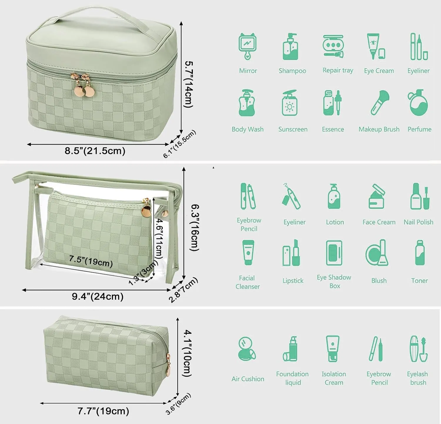 Checkered Makeup Bag 4 Pcs Waterproof Cosmetic Bag Set Portable Travel Cosmetic Bag Multifunction Organizer Storage Bag Toiletry Bag forWomen and Girls (GREEN1)