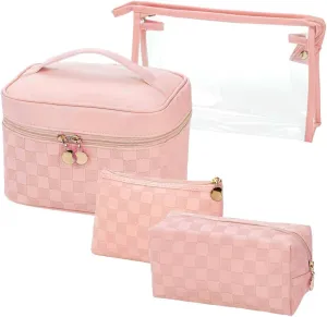 Checkered Makeup Bag 4 Pcs Waterproof Cosmetic Bag Set Portable Travel Cosmetic Bag Multifunction Organizer Storage Bag Toiletry Bag forWomen and Girls (PINK)