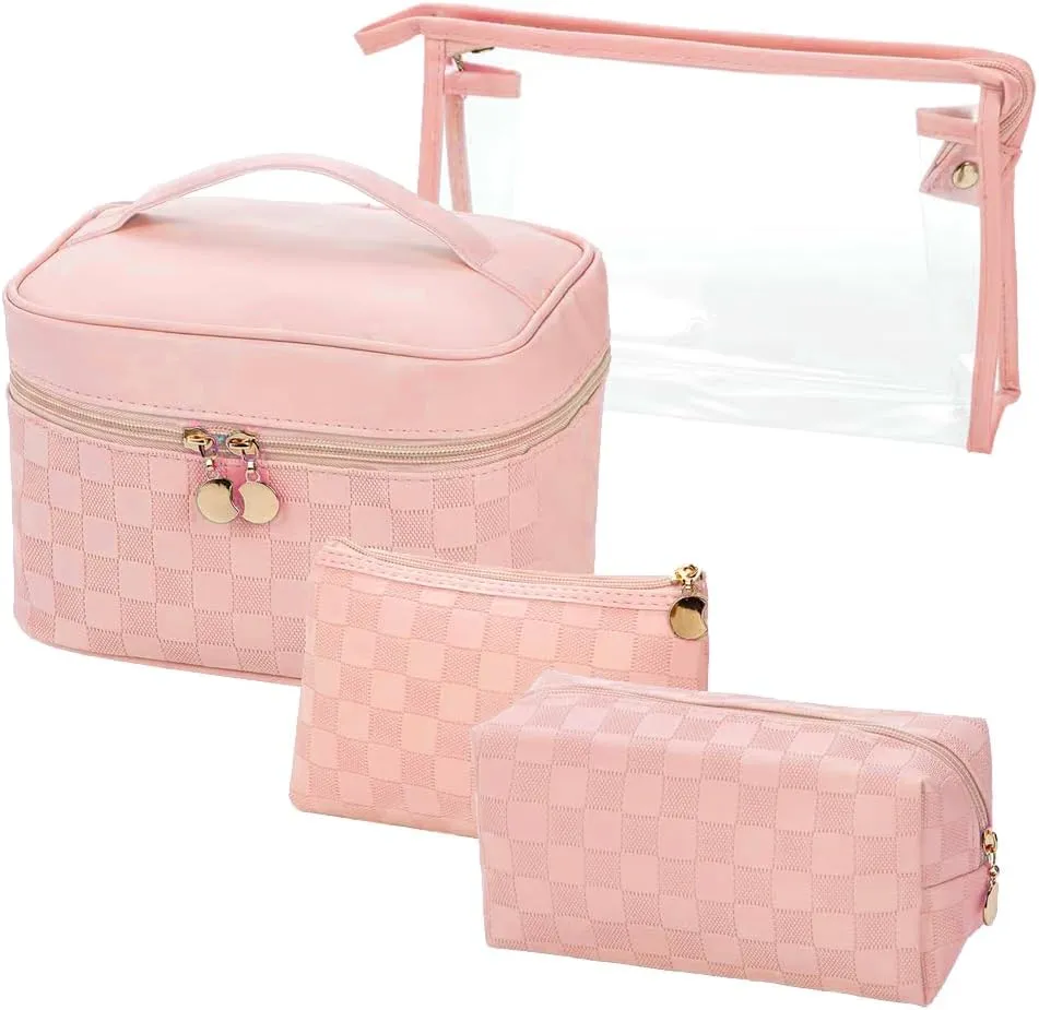 Checkered Makeup Bag 4 Pcs Waterproof Cosmetic Bag Set Portable Travel Cosmetic Bag Multifunction Organizer Storage Bag Toiletry Bag forWomen and Girls (PINK)