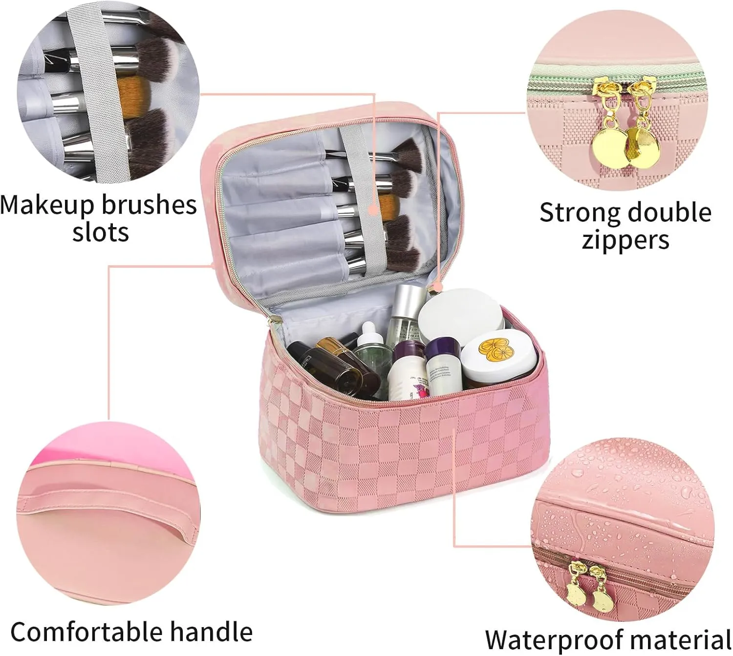 Checkered Makeup Bag 4 Pcs Waterproof Cosmetic Bag Set Portable Travel Cosmetic Bag Multifunction Organizer Storage Bag Toiletry Bag forWomen and Girls (PINK)