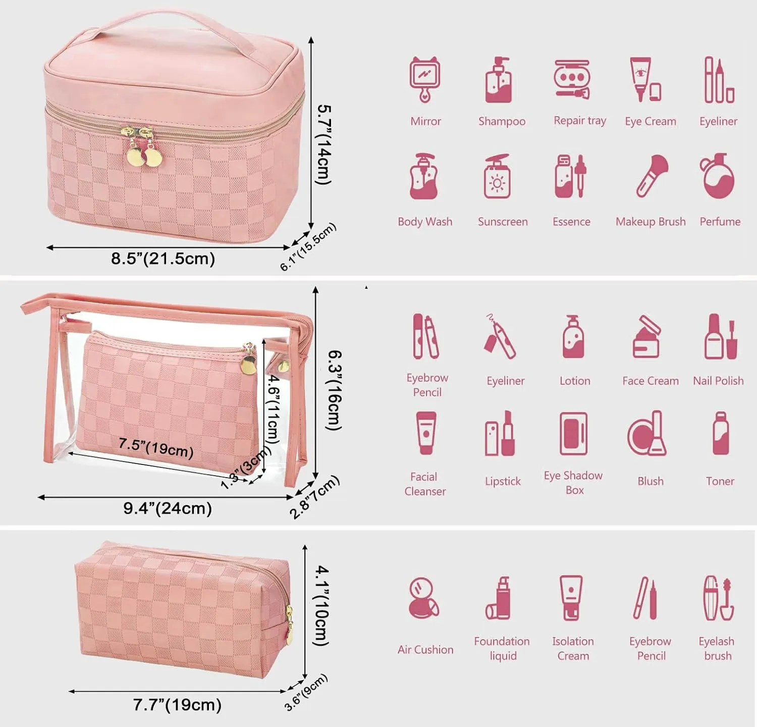 Checkered Makeup Bag 4 Pcs Waterproof Cosmetic Bag Set Portable Travel Cosmetic Bag Multifunction Organizer Storage Bag Toiletry Bag forWomen and Girls (PINK)