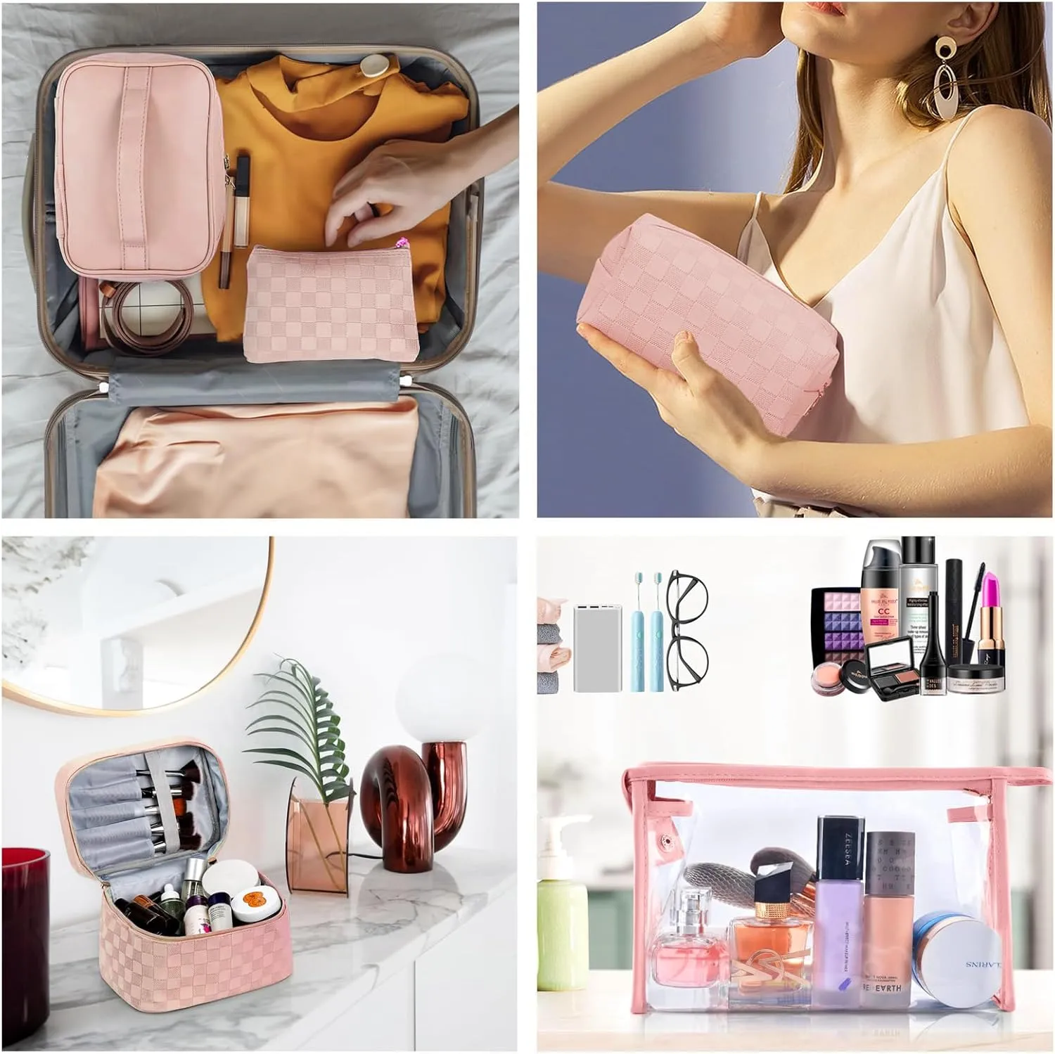 Checkered Makeup Bag 4 Pcs Waterproof Cosmetic Bag Set Portable Travel Cosmetic Bag Multifunction Organizer Storage Bag Toiletry Bag forWomen and Girls (PINK)