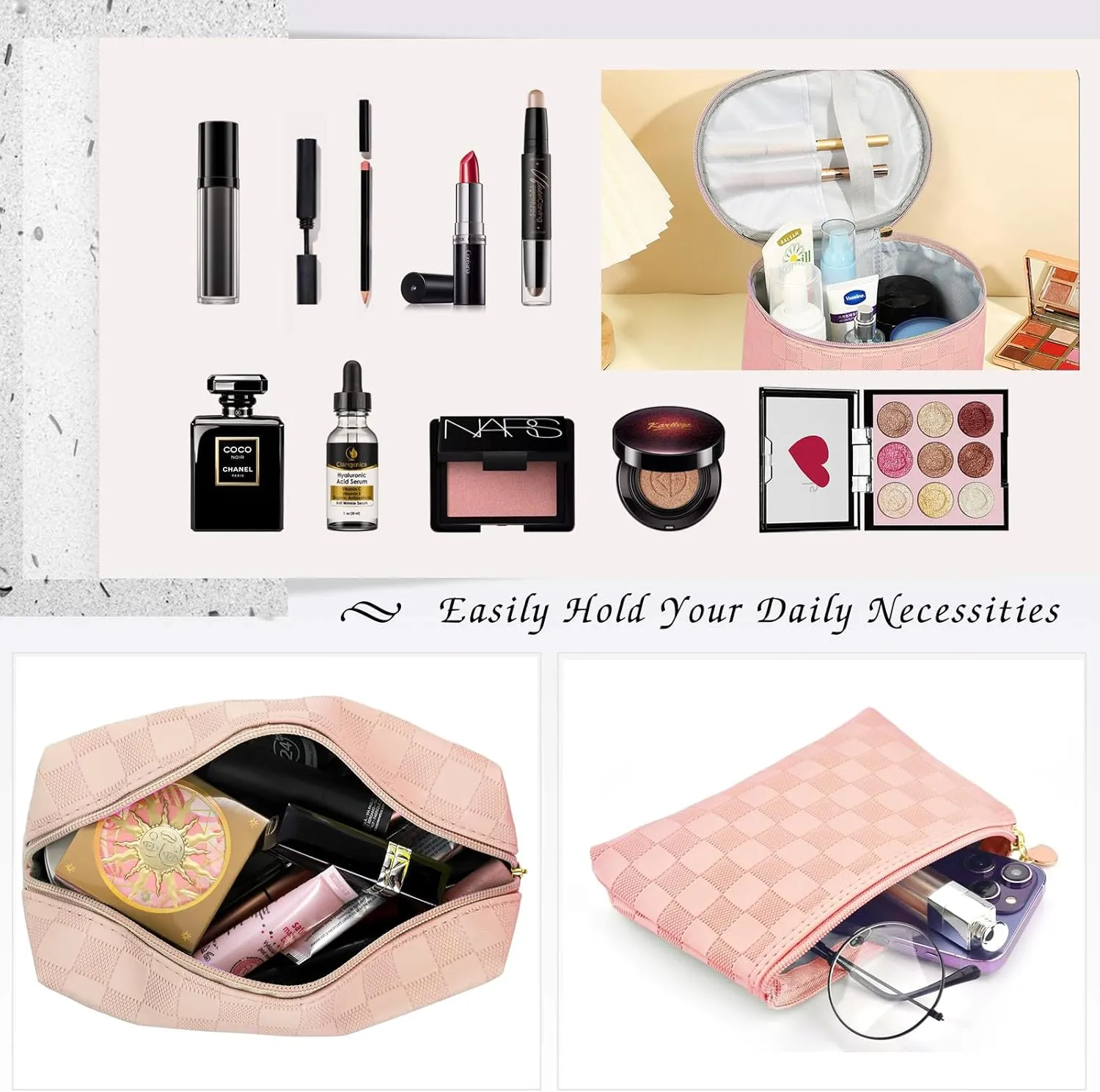 Checkered Makeup Bag 4 Pcs Waterproof Cosmetic Bag Set Portable Travel Cosmetic Bag Multifunction Organizer Storage Bag Toiletry Bag forWomen and Girls (PINK)