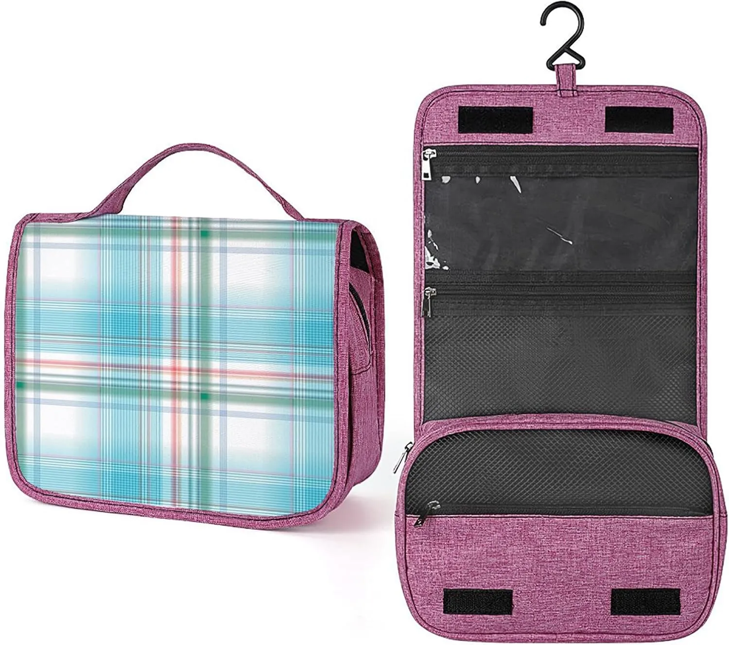 Checkered Print,Travel Toiletry Hanging Bag Waterproof Bags,Pastel White Blue Plaid Pattern,Makeup bag Organizers, Cosmetic Travel-Sized Container,Large Capacity for Women,Blue Pink