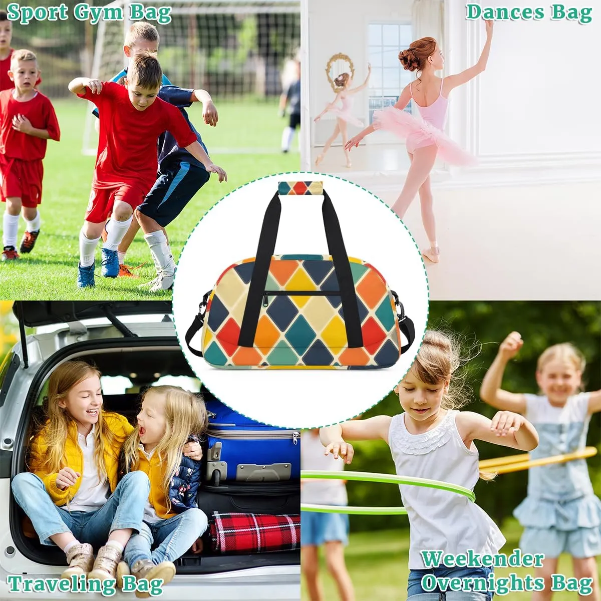 Checkered Rhombic Boys Girls Gym Bag Dance Perform Training Duffel Bags Weekender Carry-On Tote Luggage Bag Ideal for School Practice or Overnight Trips