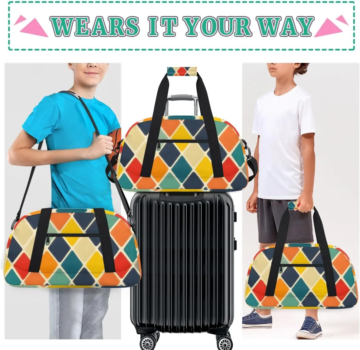 Checkered Rhombic Boys Girls Gym Bag Dance Perform Training Duffel Bags Weekender Carry-On Tote Luggage Bag Ideal for School Practice or Overnight Trips