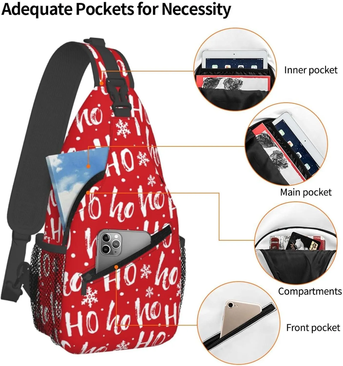 Christmas Ho Ho Sling Backpack Chest Bag Crossbody Shoulder Bag Gym Cycling Travel Hiking Daypack For Men Women