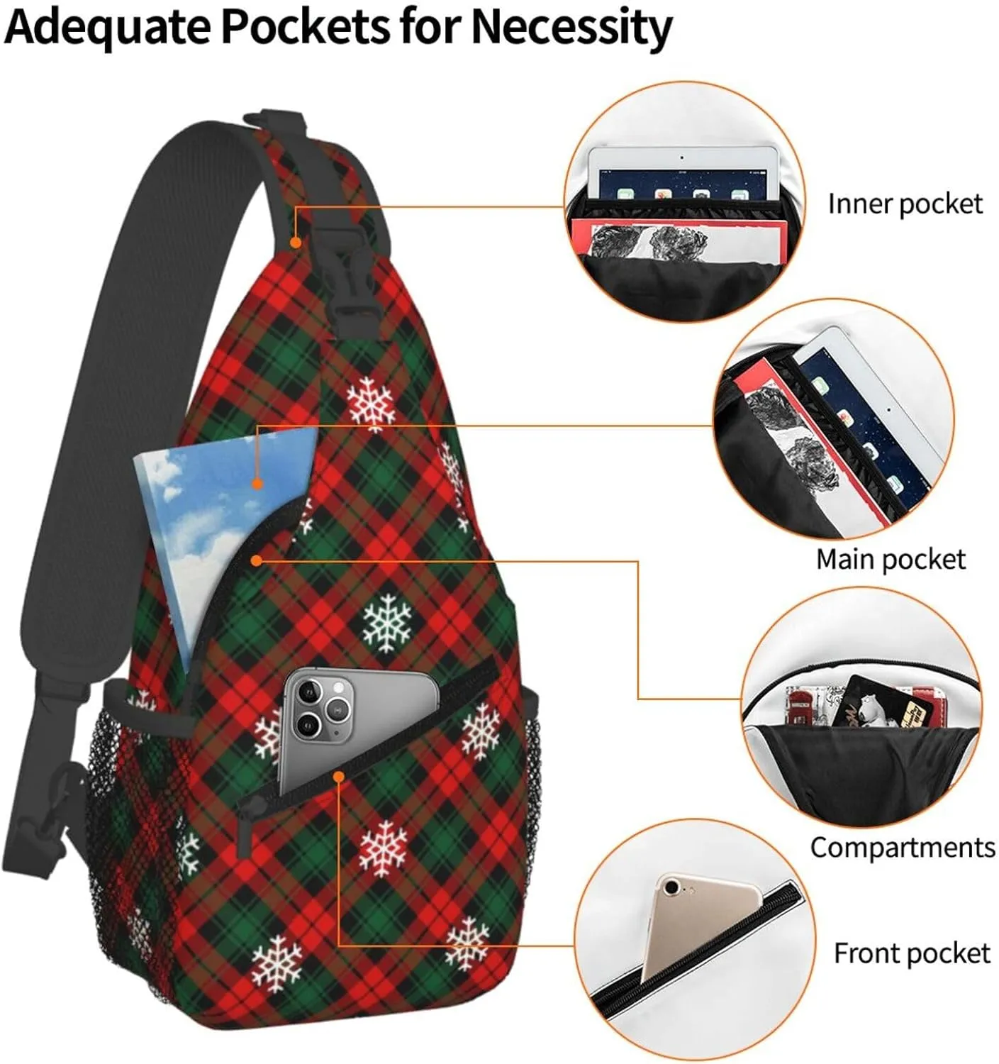 Christmas Plaid And Snowflakes Sling Backpack Chest Bag Crossbody Shoulder Bag Gym Cycling Travel Hiking Daypack For Men Women