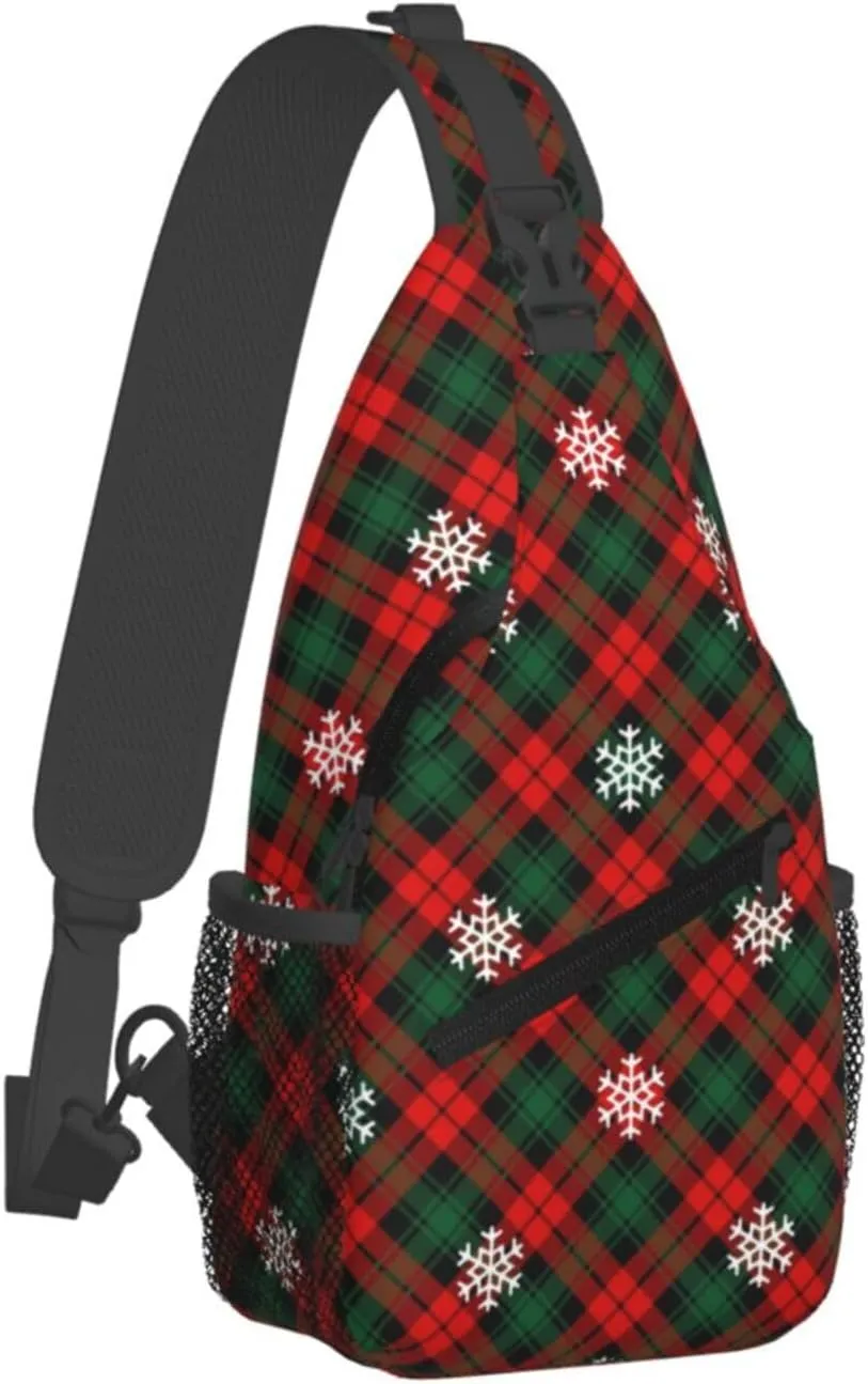 Christmas Plaid And Snowflakes Sling Backpack Chest Bag Crossbody Shoulder Bag Gym Cycling Travel Hiking Daypack For Men Women