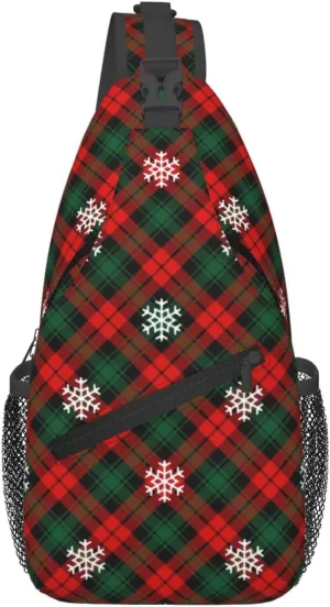 Christmas Plaid And Snowflakes Sling Backpack Chest Bag Crossbody Shoulder Bag Gym Cycling Travel Hiking Daypack For Men Women