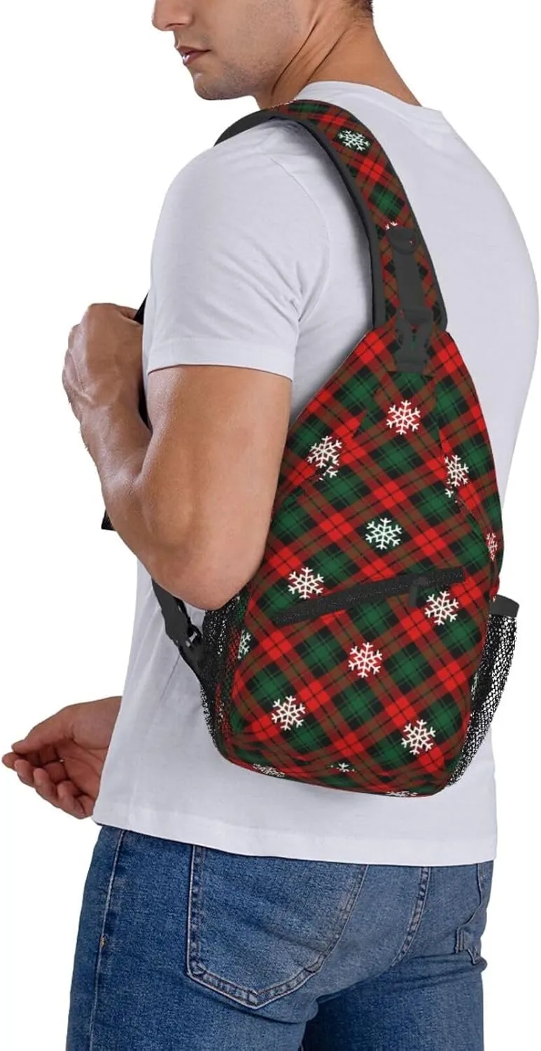 Christmas Plaid And Snowflakes Sling Backpack Chest Bag Crossbody Shoulder Bag Gym Cycling Travel Hiking Daypack For Men Women