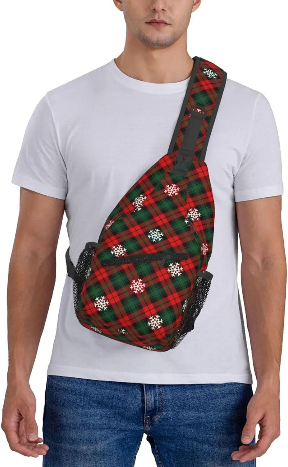 Christmas Plaid And Snowflakes Sling Backpack Chest Bag Crossbody Shoulder Bag Gym Cycling Travel Hiking Daypack For Men Women
