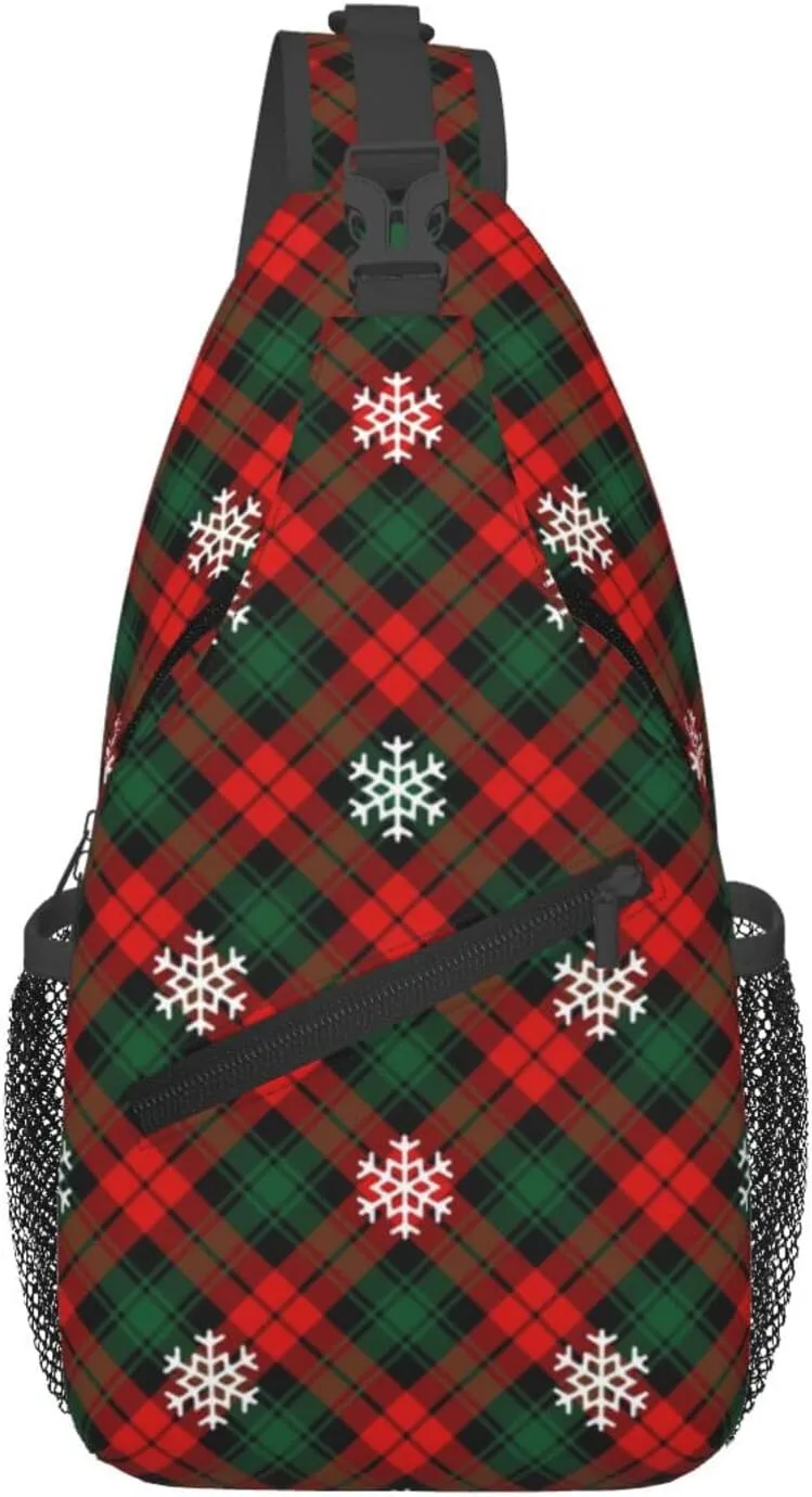 Christmas Plaid And Snowflakes Sling Backpack Chest Bag Crossbody Shoulder Bag Gym Cycling Travel Hiking Daypack For Men Women