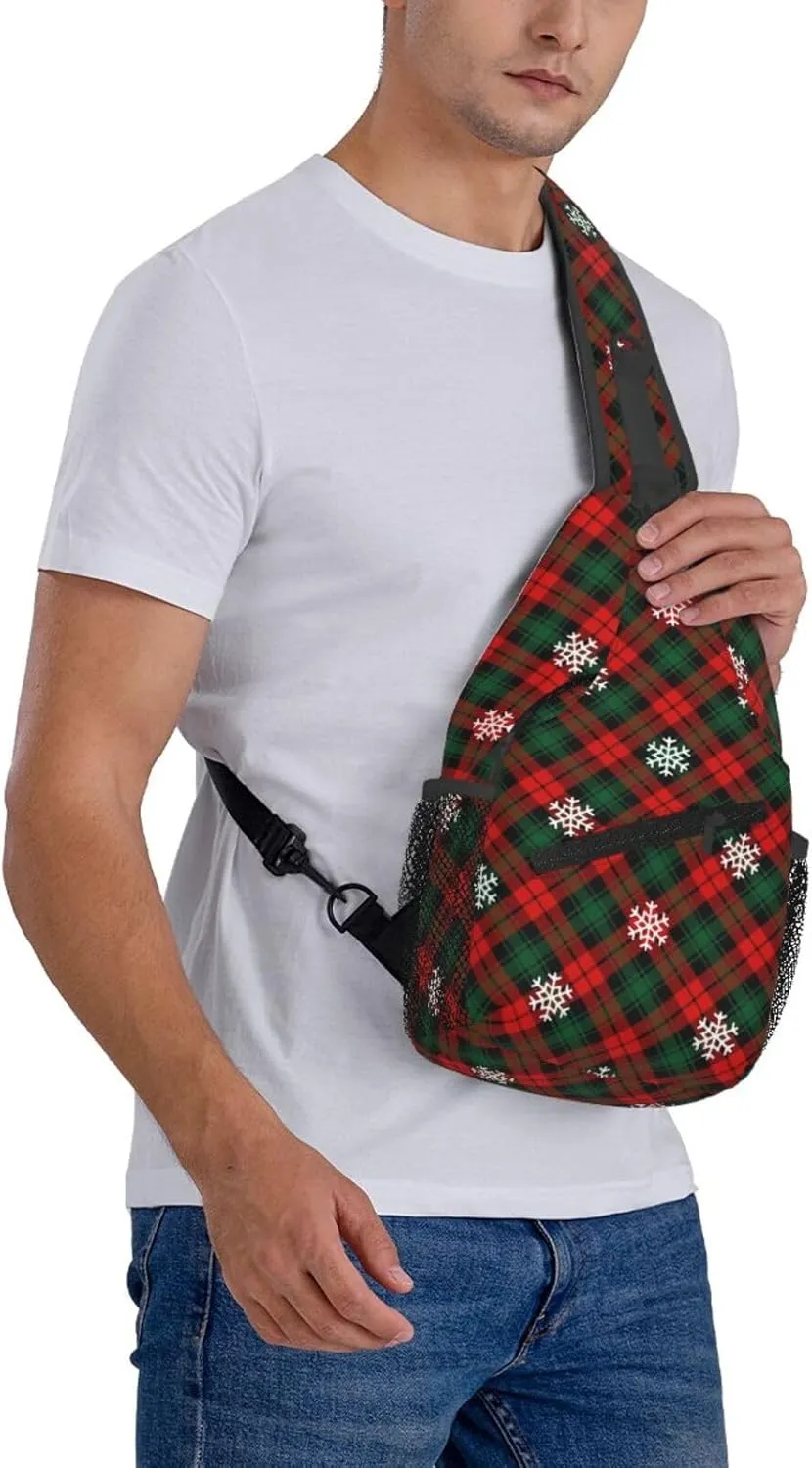Christmas Plaid And Snowflakes Sling Backpack Chest Bag Crossbody Shoulder Bag Gym Cycling Travel Hiking Daypack For Men Women
