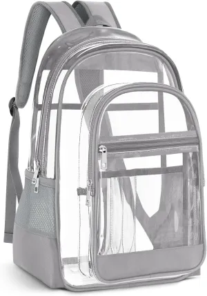 Clear Backpack, Heavy Duty PVC Transparent Backpack with Reinforced Straps, See Through Multiple Pockets Large Capacity Bookbag for Concert Sport Event Work Security Travel Festival (Grey)