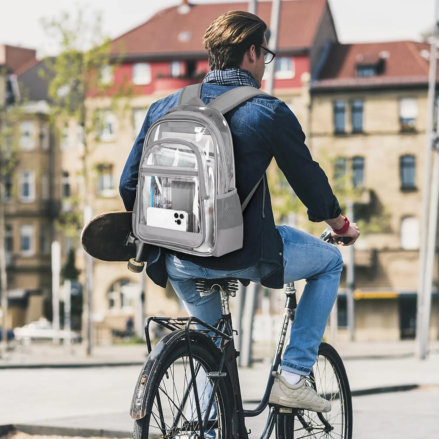 Clear Backpack, Heavy Duty PVC Transparent Backpack with Reinforced Straps, See Through Multiple Pockets Large Capacity Bookbag for Concert Sport Event Work Security Travel Festival (Grey)