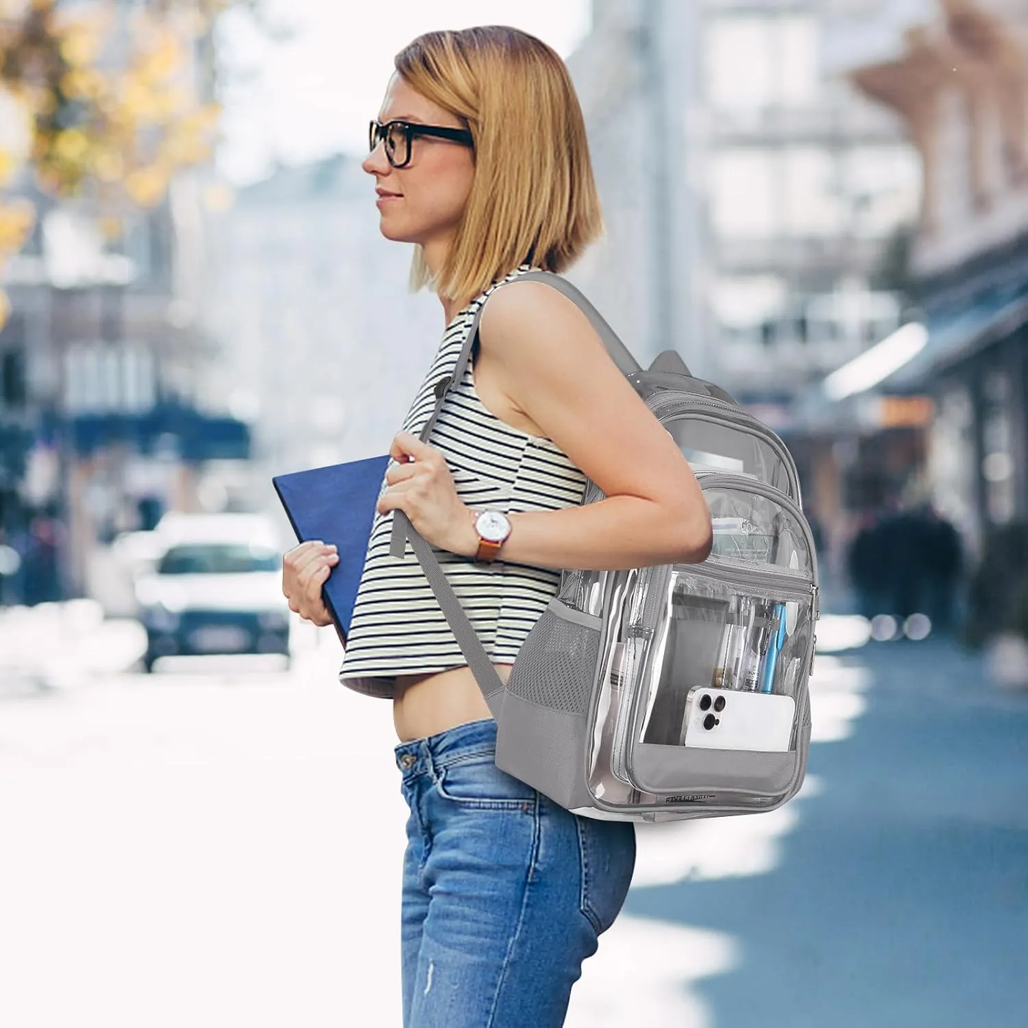 Clear Backpack, Heavy Duty PVC Transparent Backpack with Reinforced Straps, See Through Multiple Pockets Large Capacity Bookbag for Concert Sport Event Work Security Travel Festival (Grey)
