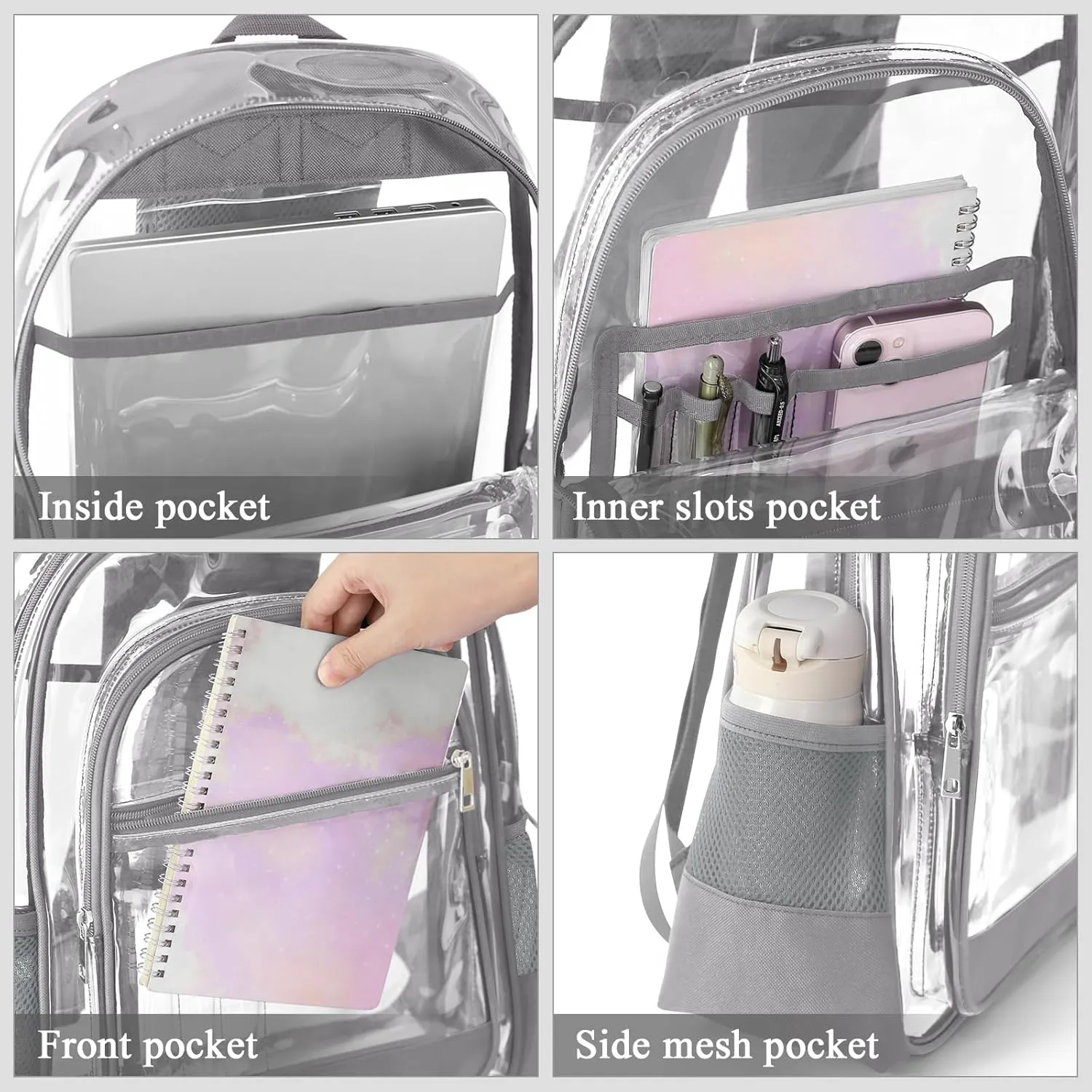 Clear Backpack, Heavy Duty PVC Transparent Backpack with Reinforced Straps, See Through Multiple Pockets Large Capacity Bookbag for Concert Sport Event Work Security Travel Festival (Grey)