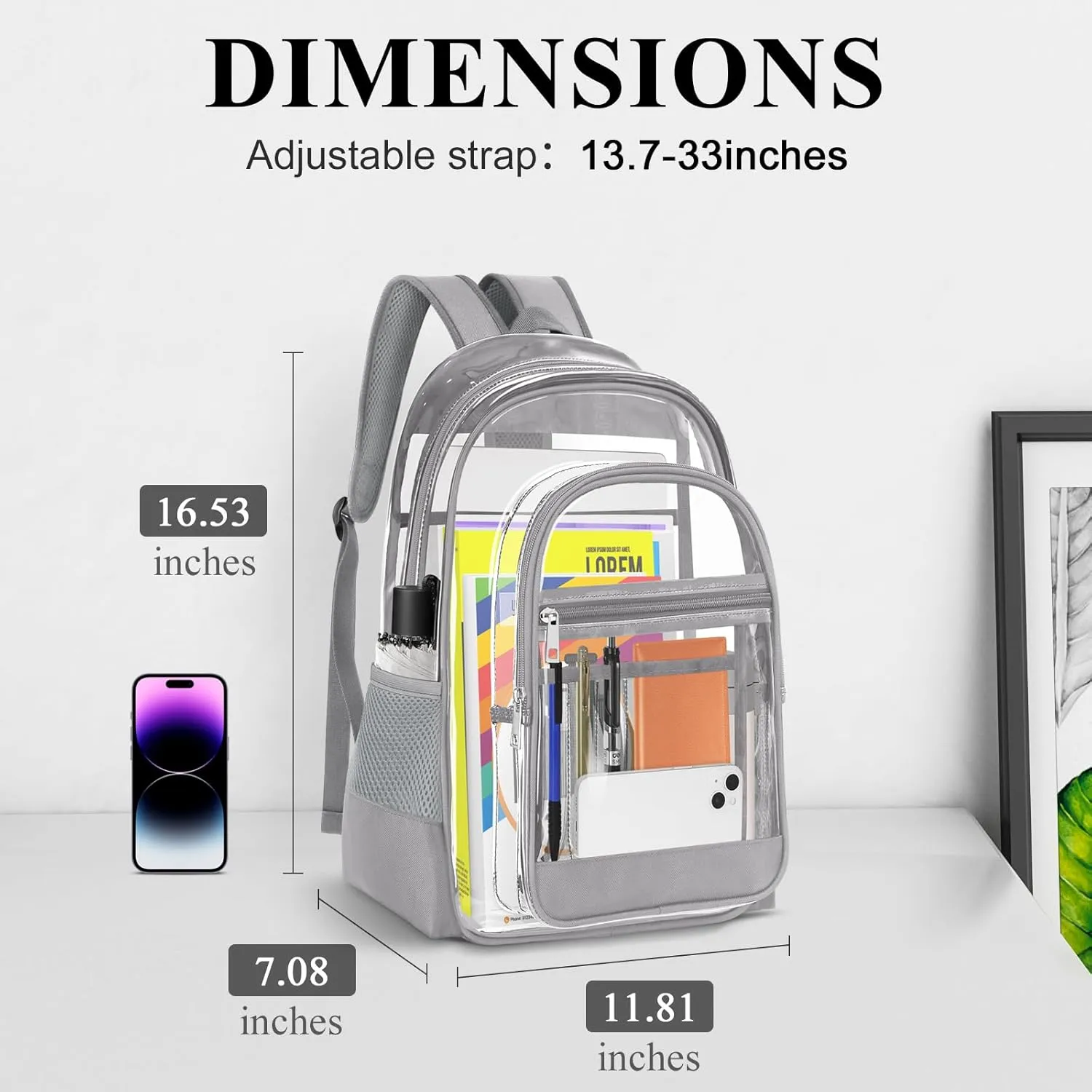 Clear Backpack, Heavy Duty PVC Transparent Backpack with Reinforced Straps, See Through Multiple Pockets Large Capacity Bookbag for Concert Sport Event Work Security Travel Festival (Grey)
