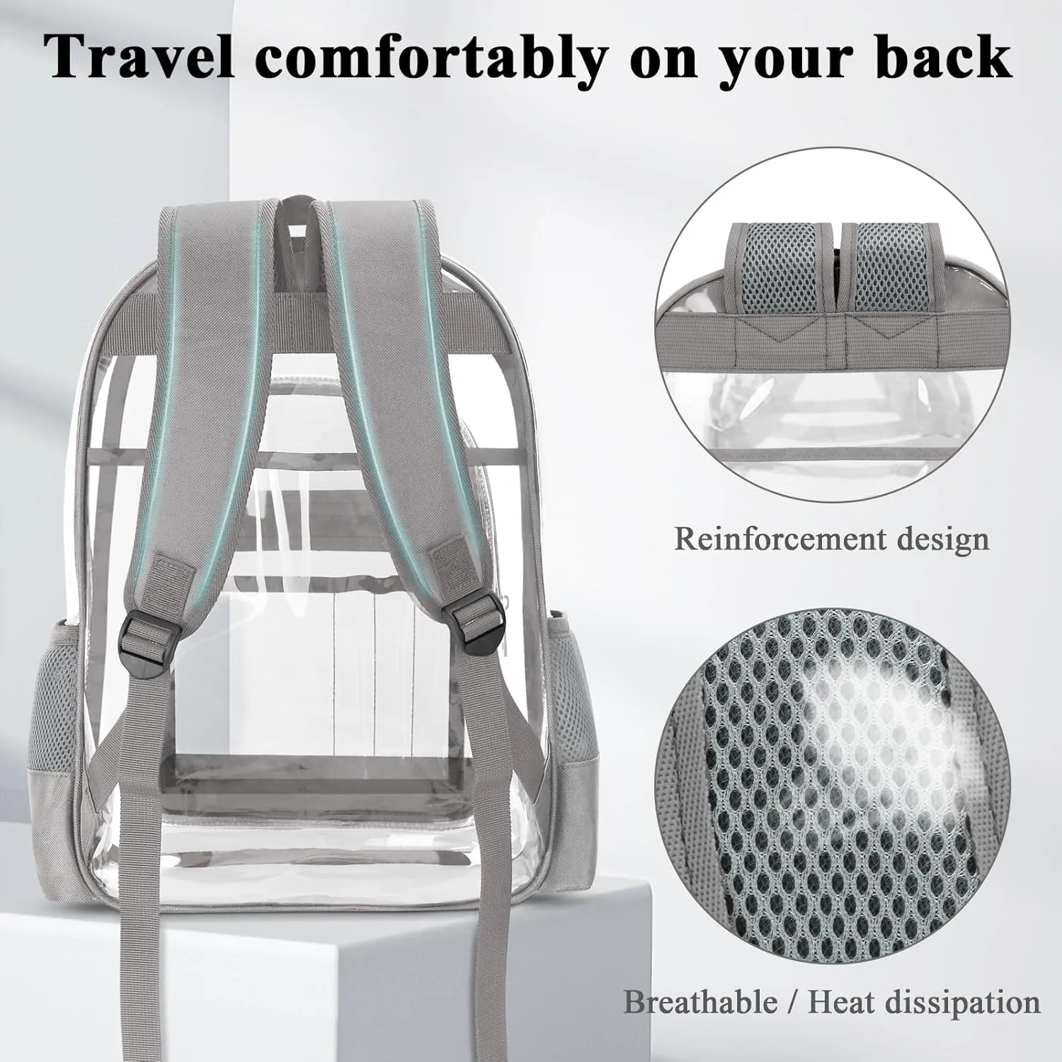 Clear Backpack, Heavy Duty PVC Transparent Backpack with Reinforced Straps, See Through Multiple Pockets Large Capacity Bookbag for Concert Sport Event Work Security Travel Festival (Grey)