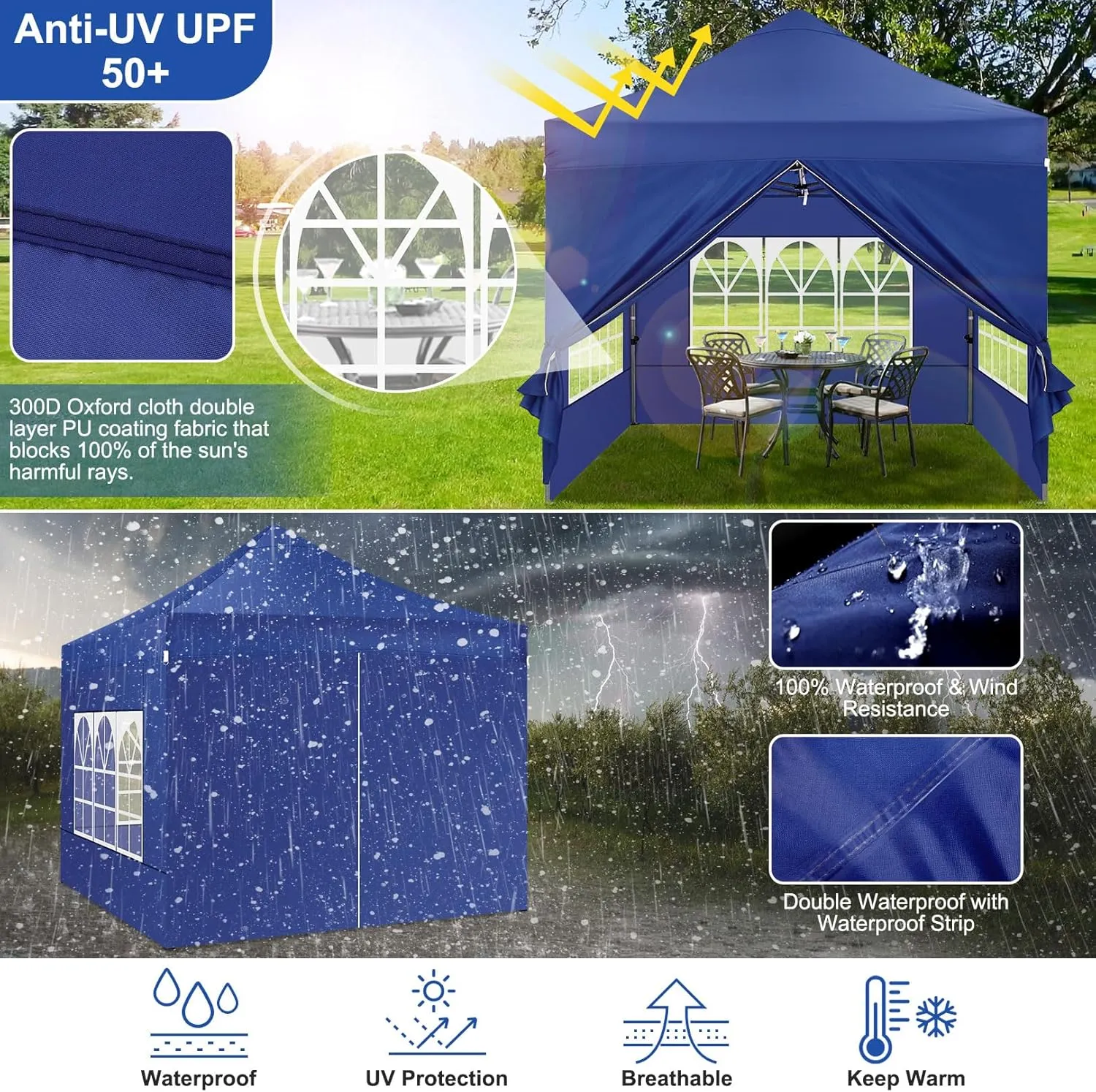 COBIZI 10x10 Pop up Canopy Tent Heavy Duty with 4 Sidewalls, Easy Set-up Commercial Outdoor Party Tent, 100% Waterproof Wedding Tent Gazebo, 3 Height Adjustable with Wheeled Bag,Dark Blue