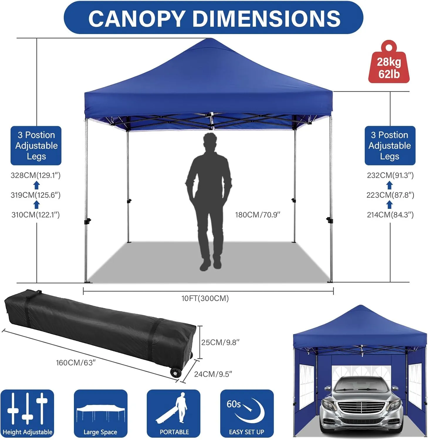 COBIZI 10x10 Pop up Canopy Tent Heavy Duty with 4 Sidewalls, Easy Set-up Commercial Outdoor Party Tent, 100% Waterproof Wedding Tent Gazebo, 3 Height Adjustable with Wheeled Bag,Dark Blue