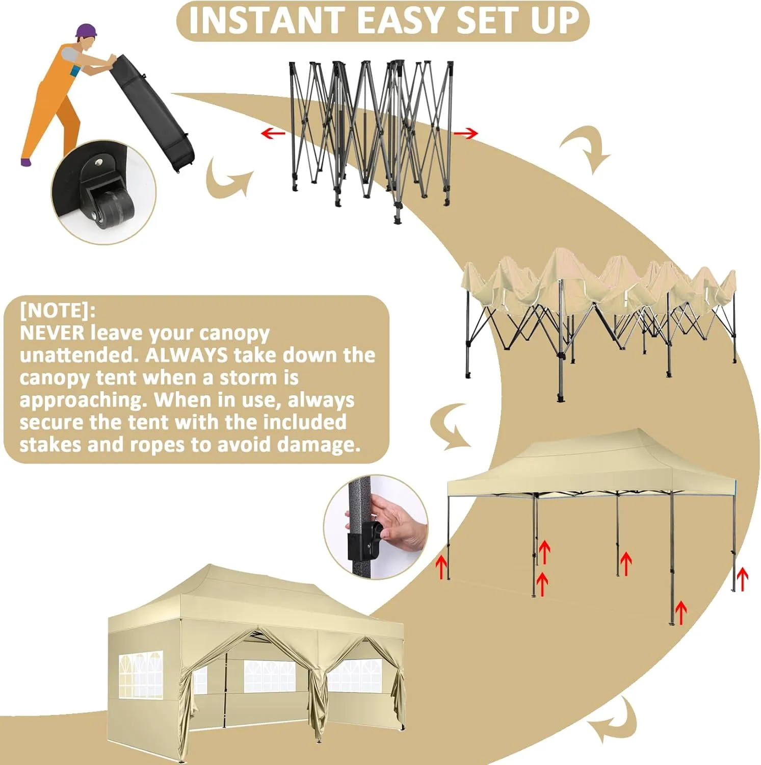 COBIZI 10x20 Pop Up Canopy with 6 Sidewall,Heavy Duty Canopy UPF 50  All Season Wind Waterproof Commercial Outdoor Wedding Party Tents for Parties Canopy Gazebo with Roller Bag(10 x 20 ft Khaki)