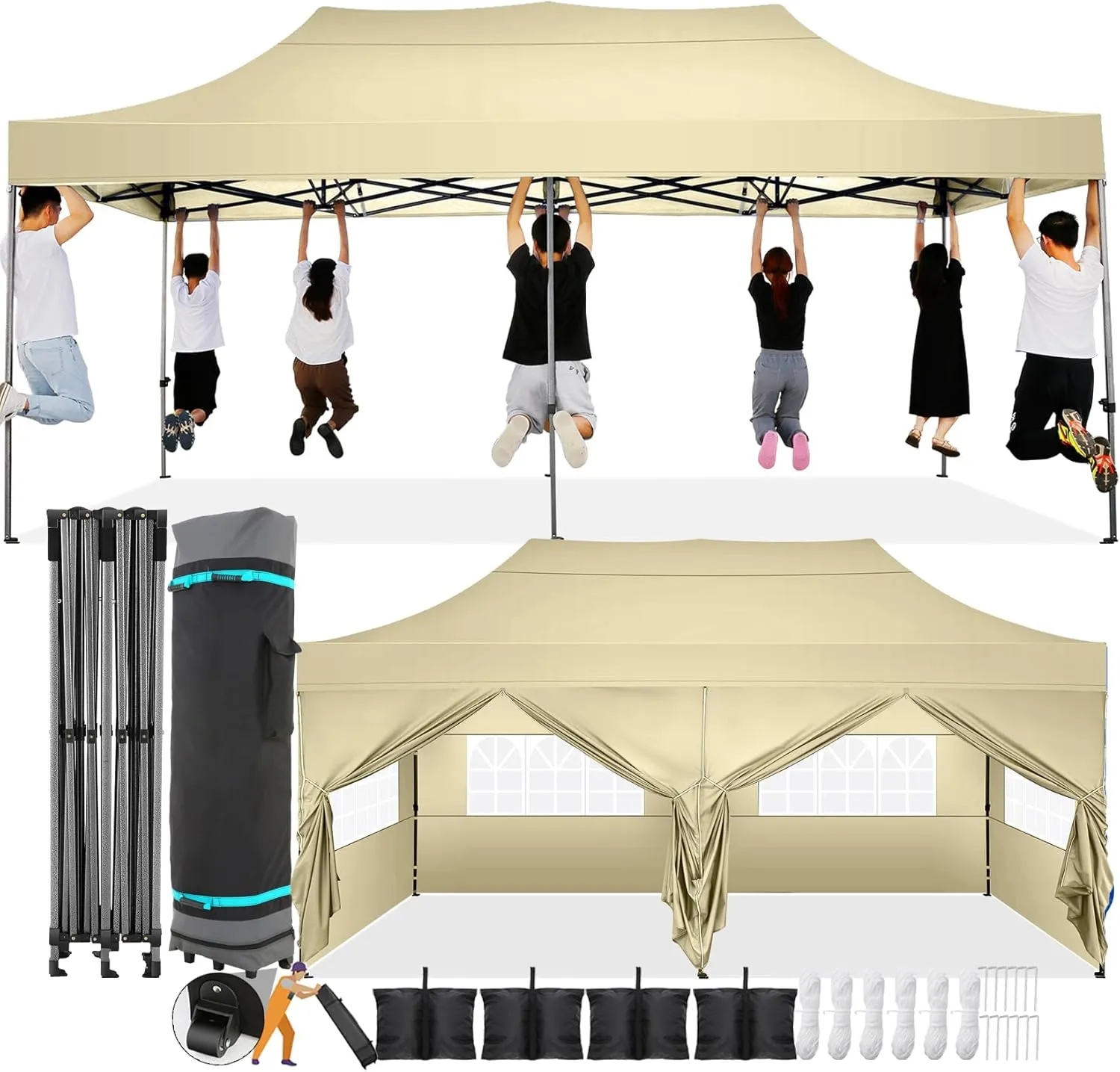 COBIZI 10x20 Pop Up Canopy with 6 Sidewall,Heavy Duty Canopy UPF 50  All Season Wind Waterproof Commercial Outdoor Wedding Party Tents for Parties Canopy Gazebo with Roller Bag(10 x 20 ft Khaki)
