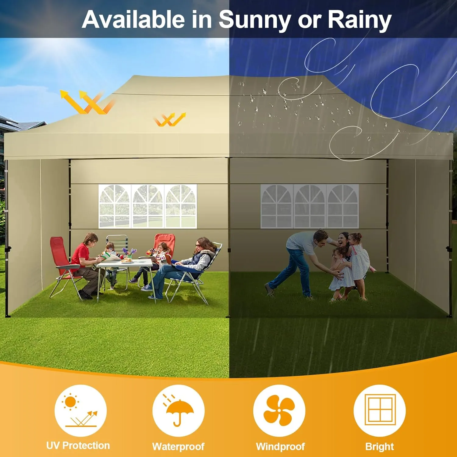 COBIZI 10x20 Pop Up Canopy with 6 Sidewall,Heavy Duty Canopy UPF 50  All Season Wind Waterproof Commercial Outdoor Wedding Party Tents for Parties Canopy Gazebo with Roller Bag(10 x 20 ft Khaki)